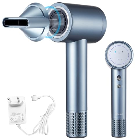 Föhn Kabellos, Ionen Kabelloser Haartrockner Fön mit 110,000 U/min Motor, Akku Föhn mit 4 Aufladungsmodi und Magnetdüse, Reisefön für Frauen, Kinder, Outdoor, Camping, Strand (Graublau)