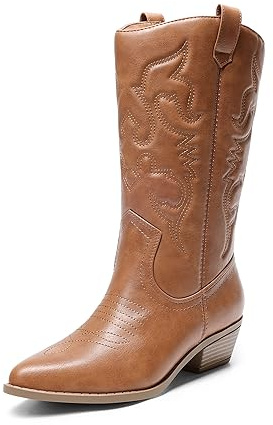 DREAM PAIRS Stivali da Cowboy da Donna, Stivali da Cowgirl Alti Fino Alla Caviglia con Ricamo, Scarpe Western con Tacco Basso e Spesso