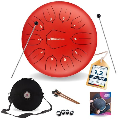 Sonodrum Zungentrommel Standard D - Dur in Rot - 30 cm groß mit 11 Tönen - Steel Tongue Drum inkl. Liederbuch, Schlägel, Fingersticks und Tragetasche - Notenlesen nicht nötig, einfach zu spielen.
