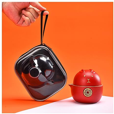 ZALTAS Set da tè da Viaggio Cinese Borse/Custodia, teiera di Montagna in Ceramica a Forma di Gatto con infusore e 2 gongfu/Kungfu Tazze da Viaggio Portatile Red