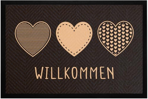 MoonWorks® Fußmatte Willkommen Motiv Herzen Türmatte Deko Haustür Eingang rutschfest & waschbar Beige-schwarz 60x40cm