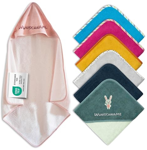 Kapuzenhandtuch Baby mit Namen Bestickt, Oeko-TEX® Standard 100 - Personalisiertes Babyhandtuch mit Kapuze aus Reiner Baumwolle mit gesticktem Namen und Motiv (Rosa, 80 x 80 cm)