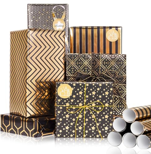 Larcenciel Papier Cadeau Rouleau Métallique Brillant, 6 Feuilles Papier Cadeau Anniversaire avec Ruban + Autocollants, Lot Emballage Cadeau pour Fête des Mères, Toutes Occasions (Noir Or, 43x100CM)