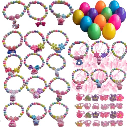 96 Easter Egg Toys Bracelets Rings Hairbands, Easter Basket Stuffers, Party Favors and Gift for Girls