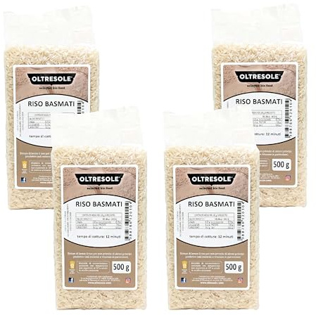 Oltresole, Arroz Basmati Artesanal, Arroz de Grano Largo con Aroma Distintivo, Ideal para Ensaladas de Arroz, Platos Orientales y Arroz Pilaf, Envase al Vacío de 4 x 500 g