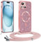 Phoona Coque pour iPhone 15 avec Cordon, Etui à Paillettes Compatible avec MagSafe, Antichoc Protection Coque pour Magnétique avec Réglable Collier, Rosa
