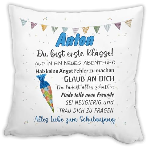 Unikatolo Kissen Schulkind BLAU mit Name personalisiert | individuelles Geschenk zur Einschulung für Kinder Kinderzimmerdeko Namenskissen zum Schulstart, Schulanfang Schultüte