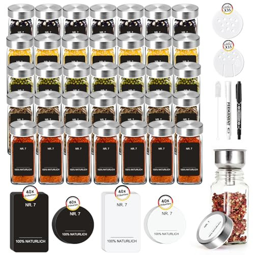 SIAZIH Pot à épices carré de 35 cm, récipient à épices de 120 ml avec 120 étiquettes noires imprimées, pot à épices en verre avec couvercle en acier inoxydable pour un accès rapide pendant la cuisson.