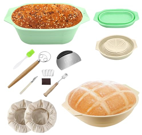 Silicone Sourdough Proving Basket for Bread Making, 2PCS Bread Proofing Baskets Kit with Dough Scraper etc, Foldable Baking Bowl Sourdough Starter Kit Bread Making Supplies for Baking Accessories