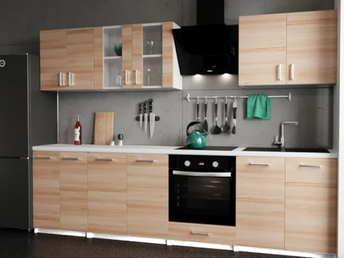 roe furniture Küchenzeile ohne Elektrogeräte - Modern Einbauküche 280 cm - Küche Komplett Leco - Küchenblock - Geräumige Singleküche - Küchenmöbel Komplett Buche Artisan & Weiße Arbeitsplatte