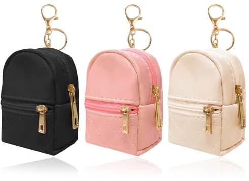 NATOSU 3-teiliger Mini-Rucksack mit Schlüsselanhänger, süße Mini-Kosmetiktasche aus PU-Leder, kleine Tasche mit Reißverschluss, Mini-Tasche für Münzen, Lippenstift, Schlüssel, Airpods
