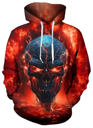 ALISISTER Felpa con Cappuccio Uomo Donna 3D Fire Skull Design Pullover Felpe con Cappuccio Unisex Halloween Party in Pile all'Interno Costumi Caldi Felpa con Cappuccio XL