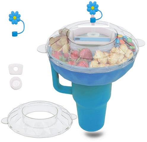 Snack Tray with Lid for Stanley Cup 40 oz, Accessories for Stanley Cup, Leak Stopper, Straw Cover for Stanley Cups 1.0/2.0, Snack Bowls with 4 Compartments for Candy Popcorn Chip For Cinema (Blue)