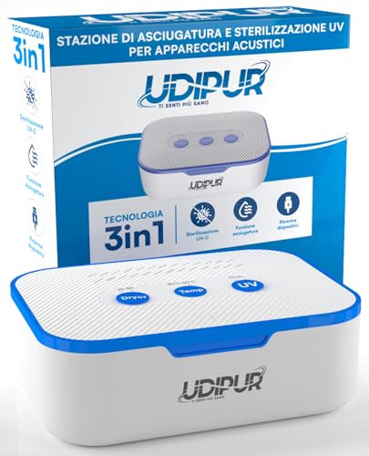 Udipur Stazione Multifunzione 3in1 con Sterilizzazione UV Asciugatura e Ricarica per Apparecchi Acustici USB Type C Temperatura Regolabile fino a 50°C - 110x90x40mm