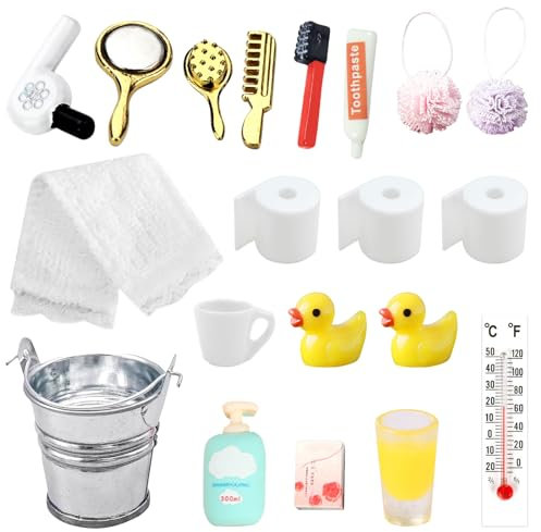 Wichtel Zubehör, 20 Stück Miniatur Wichtel Zubehör Baden Set, Miniatur Puppenhaus Badezimmer Zubehör, Wichtelzubehör Puppenhaus Deko, Mini Badeschwamm Zahnpasta Zahnbürste Ente Klopapier Rollen