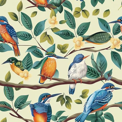 ANLIKY-Pro Self-Adhesive Wallpaper Oriole Bird on Flowery Branches Peel and Stick Contact Paper, 44X300CM,Light Yellow Background Removable Decorative Film for Cabinet Furniture