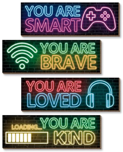 4 Pcs Décoration Gamer,Deco Chambre Gaming,Panneau en Bois Gaming Decoration Murale,Poster Gaming Decoration Chambre Ado Garcon 20x10cm (Néon C)