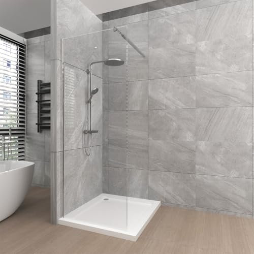 T&K 700x1900mm Walk in Shower Enclosure Wetroom Shower Screen Panel Chrome Framed, 8mm Tougheded Glass Safety Double-Sided Easy Clean Glass with Telescopic Support Bar