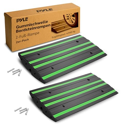 Pyle Rubber Kerb Ramp Set, 2 Pack Heavy Duty Portable Ramps for Steps, Sheds, or Driveways, Non-Slip Marine Grade with Green Reflective Strip, Threshold for Shed