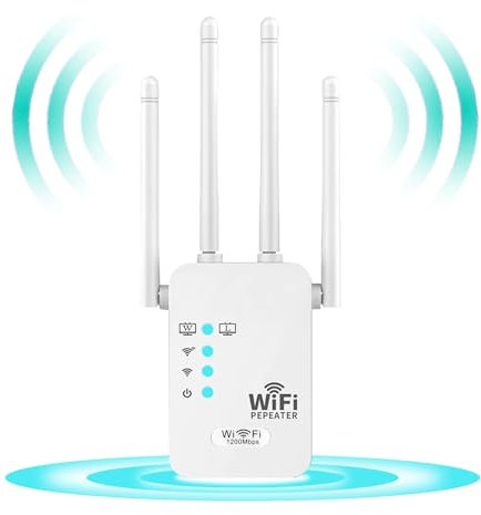 Amplificador de Señal WiFi,1200Mbs 2.4/5.0Ghz Doble Frecuencia, Repetidor WiFi, Extensor de Señal WiFi con 4 Antenas, Los Repetidores WiFi Mejoran la Cobertura WiFi (Blanco de Porcelana)
