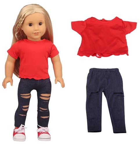 DUORUIMI Summer Doll Clothes Simple Casual T-shirt Top Ripped Jeans Pants for American Girl Doll 18 inch