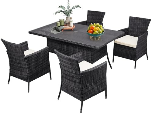 Warmiehomy Rattan Garden Table and Chairs Set 5 Pieces Garden Dining Set 120x80cm Rectangular Patio Table with Parasol Hole Tempered Glass Top and 4 Seater Wicker Armchairs with Seat Cushions, Black