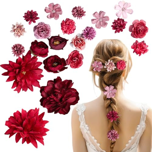 GWAWG 21 Pièces Barrette Fleur Artificielle Pince à Cheveux Bohême Hair Clips, été Barettes Cheveux Bebe Fille, Rouge Pince Crocodile Cheveux, Accessoires de Coiffure (Red)