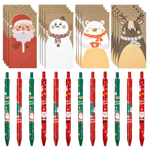 Tenare Weihnachts Schulbedarf 24 Teiliges Set 12 Haftnotizen mit Weihnachtsmotiven 12 Druckkugelschreiber Geschenke für Den Unterricht Feiertage Lehrer Schülerbedarf Weihnachtsfeier