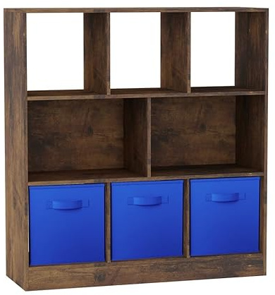 URBNLIVING Rustic Brown 8-Cube Asymmetrical Bookcase with 3 Drawer Inserts – Wood Storage Unit and Shelving Organizer- Drak Blue