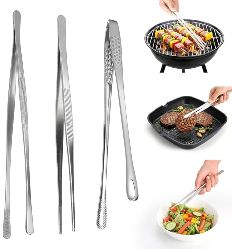 Edelstahl Kochpinzette Set 3 Stück - 30cm & 28cm Grillzange, Küchenpinzette für Kochen, Grillen & Servieren – Perfekte Zange für Fleisch, Fisch, Gemüse & BBQ