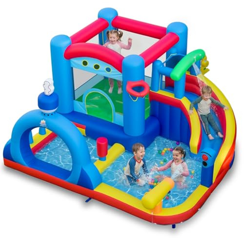 COSTWAY Hüpfburg mit Wasserrutsche, Sprungbereich, Planschbecken, Wasserkannonen, Boxsack, Ringwurfspiel, Zielspiel, Ozeanbälle & Basketball, Wasserhüpfburg für Kinder, Wasserpark für Außenbereich