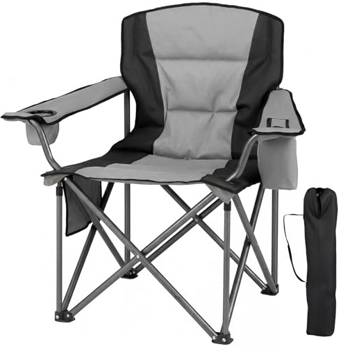 TANGZON Oversized Camping Chair, Folding Fishing Chair for Adults | 180kg Capacity, Padded High Back, Cooler Pouch, Cup Holder, Carry Bag, Red and Black Chair for Camping Picnic