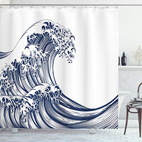 ABAKUHAUS japanische Welle Duschvorhang, Oriental Weinlese, Stoffliches Gewebe Badezimmerdekorationsset mit Haken, 175 x 180 cm, Marineblau Weiß