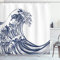 ABAKUHAUS japanische Welle Duschvorhang, Oriental Weinlese, Stoffliches Gewebe Badezimmerdekorationsset mit Haken, 175 x 180 cm, Marineblau Weiß