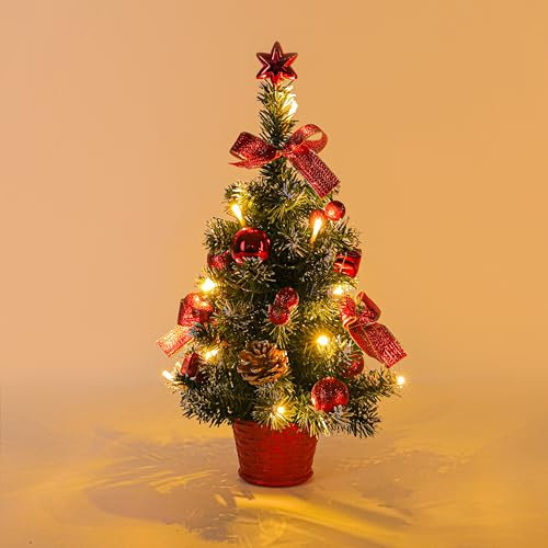 Mrinb 45CM Small Christmas Tree with Lights,Mini Desktop Decoration Tree with Star Tree Topper, Balls, Bows, Pine Cones for Home Office Shopping Bar Christmas Decorations(Red)