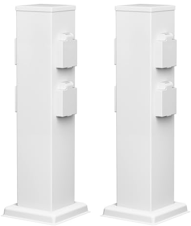 ledscom.de 2 Stück Garten Steckdosensäule Polly für außen, IP44, 4-Fach, Edelstahl, weiß, eckig, 40 cm