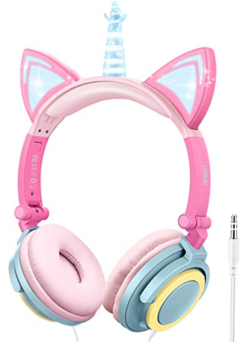 LOBKIN écouteur Enfant Licorne - Pliable - avec Oreilles de Chat LED - Connecteur Audio 3,5 mm - Câble Léger Enfant