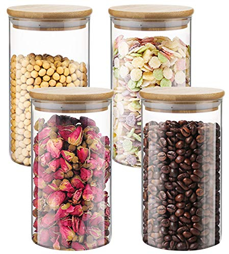 Lawei 4 Stück Vorratsdosen aus Glas mit Bambusdeckel 750 ml Vorratsgläser Luftdicht Glasbehälter für Kaffee, Tee, Keks, Süßigkeiten, Nuss
