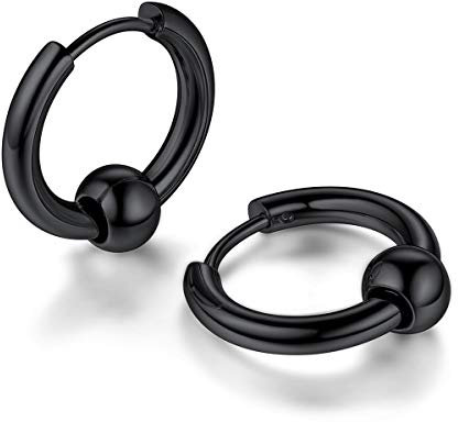 FOCALOOK Herren Ohrringe schwarz Edelstahl Kreis Huggie Creolen mit Kugel Ohrstecker Ohr Piercing Punk Stil Modeschmuck Accessoire für Jungen Mädchen