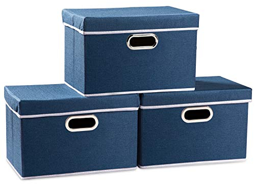 PRANDOM Aufbewahrungsbox mit Deckel,Faltbarer Leinen Stoff Aufbewahrungsboxen, Aufbewahrungskorb mit Griff,Dekorative Stapelboxen,Organizer Container,Blau[3-stück] 38x25x25cm
