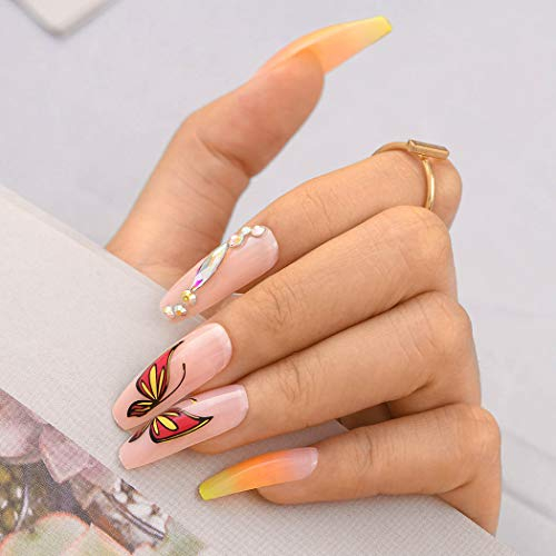 Sethexy Long Gradient Ballerina False Nail Pink Orange Butterfly Coffin Fake Nails Glossy 24Pcs Press on Acrylic Art Nail Tips for Women and Girls