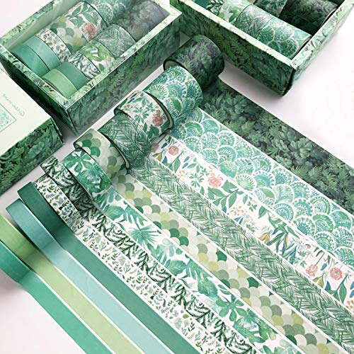 Washi Tape, Washi Masking Tape DIY Set, Pastell Dekorative Klebeband, 12 Rolls Verschiedenen Mustern, Grüne Minze