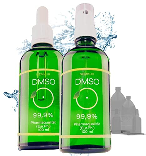 Nemkur DMSO 100ml DMSO 99,95% l Pharma Qualität mit Teflon Deckel DMSO Dimethylsufoxid mit Pipette Sprühkopf, Roll On (2x100 ml)
