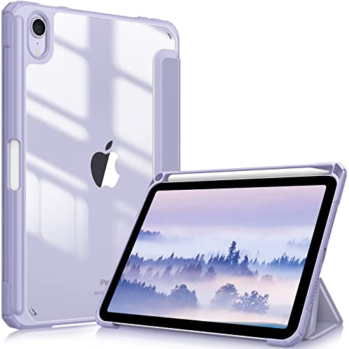 Fintie Funda para iPad Mini 7 2024(A17 Pro) / Mini 6 2021 de 8,3 Pulgadas con Portalápiz - Carcasa Trasera Transparente a Prueba de Choques Auto-Reposo/Activación, Lila Gris