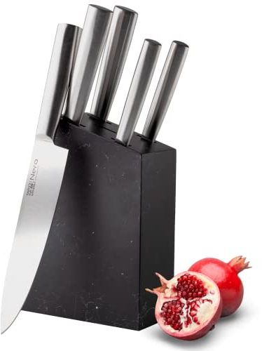 Kitchen Knife Set with Block -. Sloping Granite Effect Kitchen Knife Holder for Professional Storage - High Carbon Steel, Sharp Precision Ground Chef’s, Carving, Bread, All-Purpose & Paring Knives
