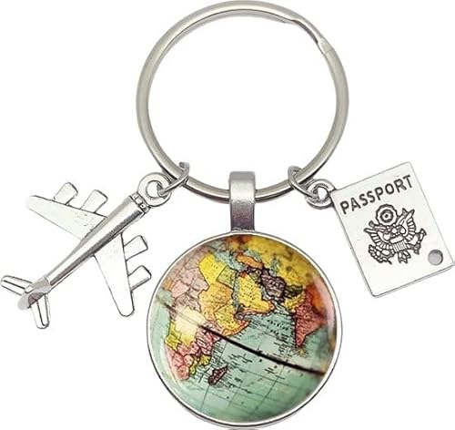 Schlüsselanhänger | Globus | Flugzeug | Reisepass | Weltreisender | Pilot | Geschenk | Schlüssel, silberfarben