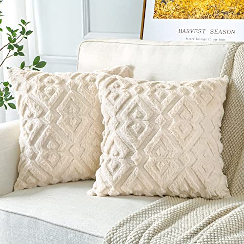 Artscope 2er Set Wolle Kissenbezüge Weicher Plüsch Kurzer Wollsamt Dekokissenbezuge Luxuriöses Sofakissen Europäische Kissenhülle für Sofa Schlafzimmer Geometrische Creme Beige, 65x65cm