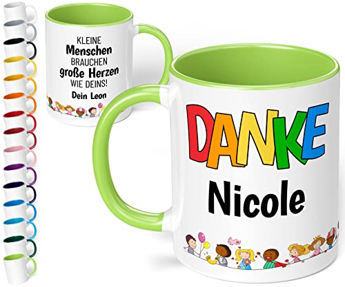 Kita Abschiedsgeschenk für Erzieherin: Kaffee-Tasse personalisiert mit Namen „Danke WUNSCHNAME – Kleine Menschen brauchen große Herzen wie Deins!“ - Dankeschön Kindergarten Krippe (Hellgrün)