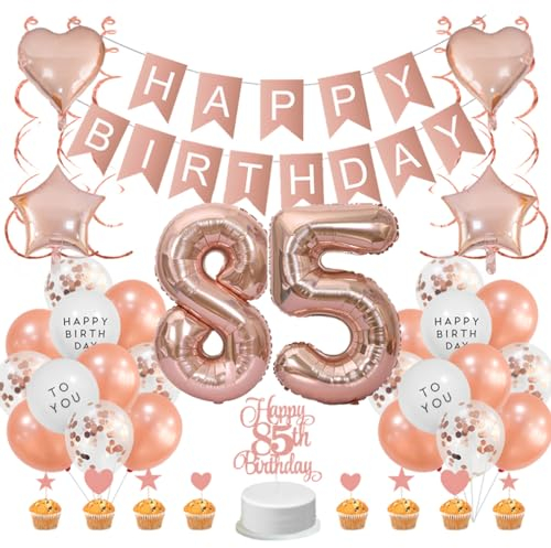 Guoguonb Roségold 85. Geburtstag Dekoration Set - Happy Birthday Banner, Luftballons, Cake Topper, Tortendekoration für Mädchen, Madame, Frauen