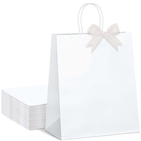 Switory Weiß Papiertüten, 24 Stück Geschenktüten mit Schleifenbändern, Klein Kraftpapiertüten mit Henkel für Geburtstag, Hochzeit, Valentinstag, Einzelhandel, Baby-Dusche, Ostern (21X15X8cm)